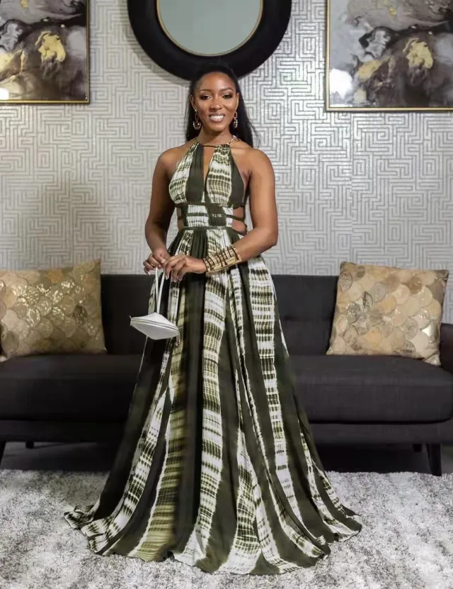 Spring And Summer Sleeveless Halter Large Swing Dress Printed Temperament Dark Green - Shop at LoveMi