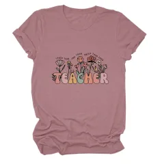 Casual TEACHER Floral Women's Loose Round Neck Short Sleeve - Rose Gold Black Colour Picture - View 1