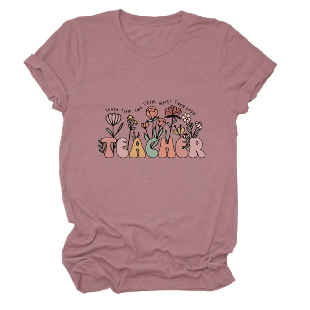Casual TEACHER Floral Women's Loose Round Neck Short Sleeve Rose Gold Black Color Picture - Shop at LoveMi