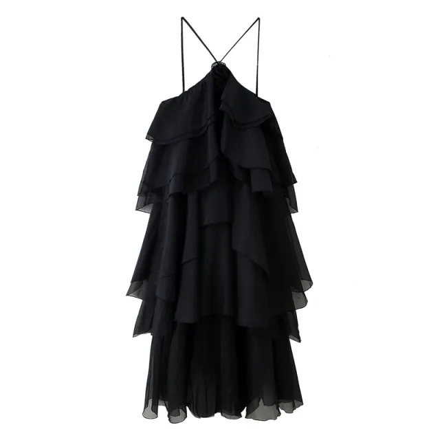 Summer Multi color Laminated Halter Flower Decorative Sling Dress Black - Shop at LoveMi