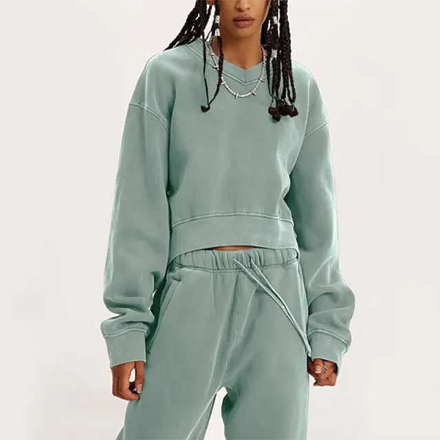Women's V neck Long sleeved Midriff Outfit Sweatshirt Lace up Sports Trousers Green - Shop at LoveMi