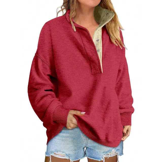 Pullover Leisure Loose Button Sweater For Women Red - Shop at LoveMi