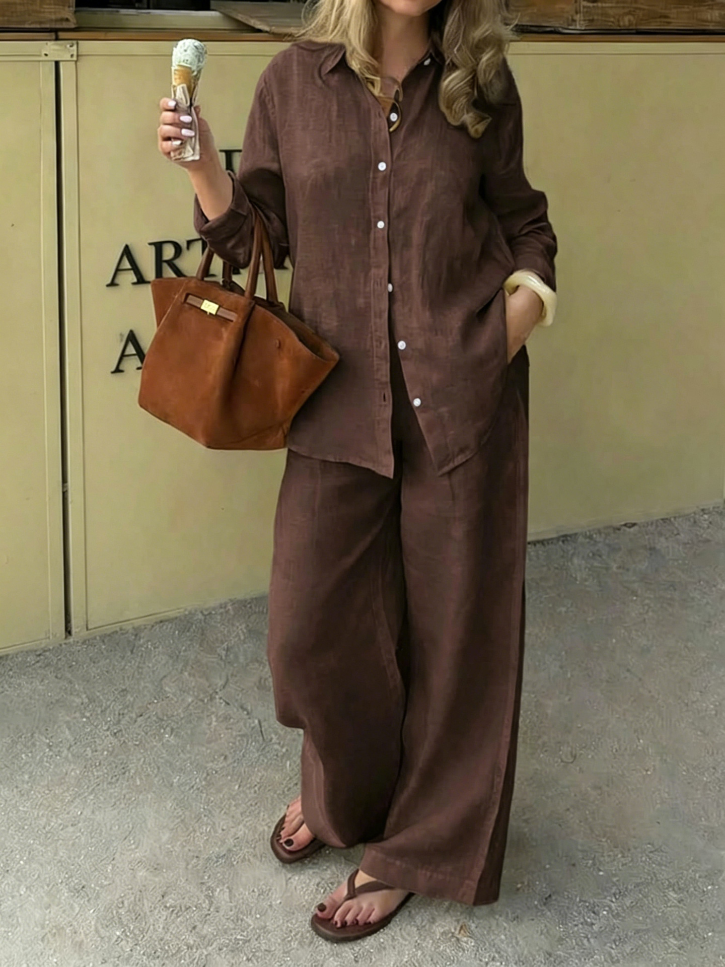 Simple Linen Two-piece Set With A Lapel And Long Sleeves 9