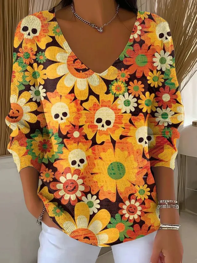 Women's Loose Skull Printed V neck Long sleeved T shirt Sh100206304 L - Shop at LoveMi