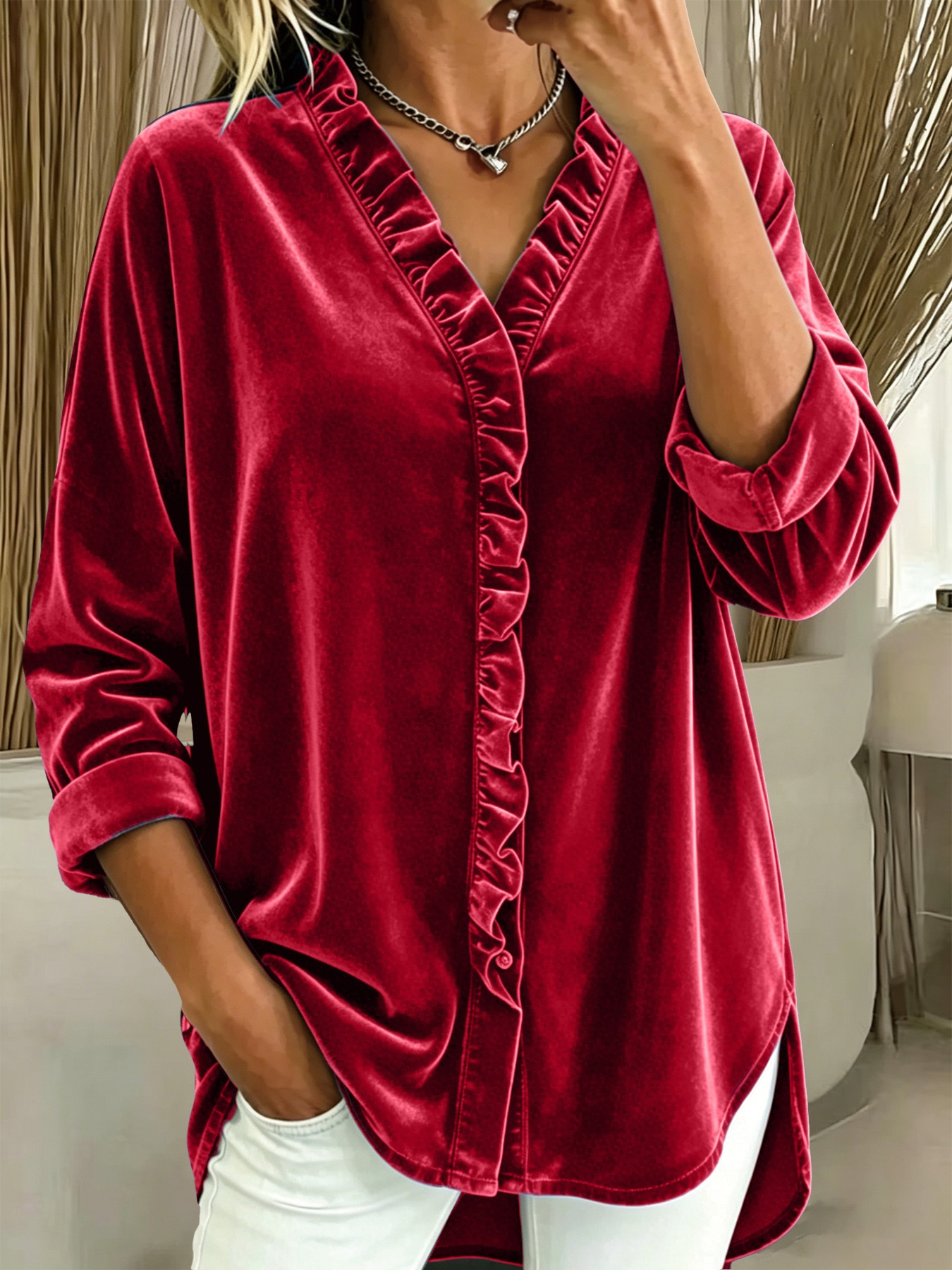 Velvet V-neck blouse full length view — women's fall fashion top