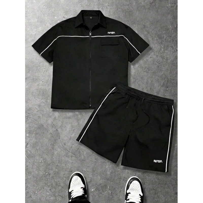 Striped Zip-front Short-sleeve Shirt And Shorts Set LS Zipper Shirt Outfit 8 S