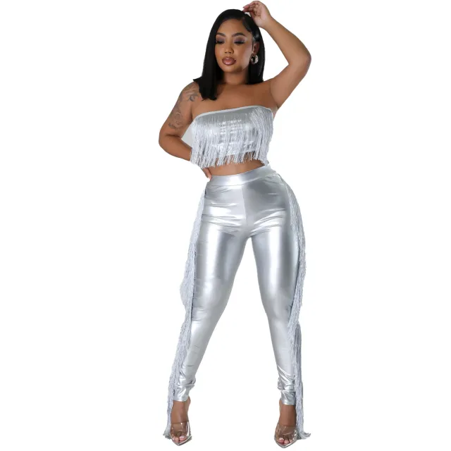 Sexy Bandeau Tassels Slim fit Trousers Two piece Set Nightclub Uniforms 1 Xxl - Shop at LoveMi