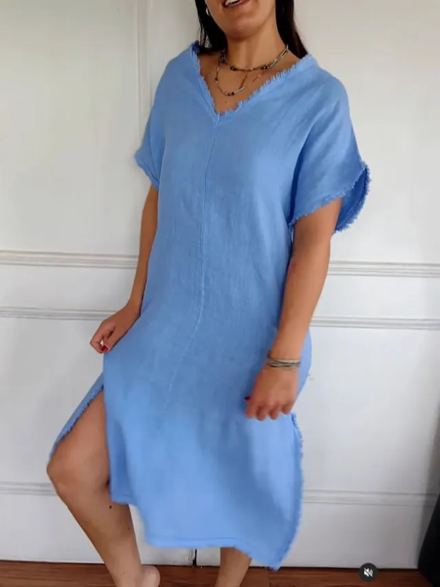 Casual Cotton And Linen Solid Color And V neck Tassel Slit Dress Blue - Shop at LoveMi