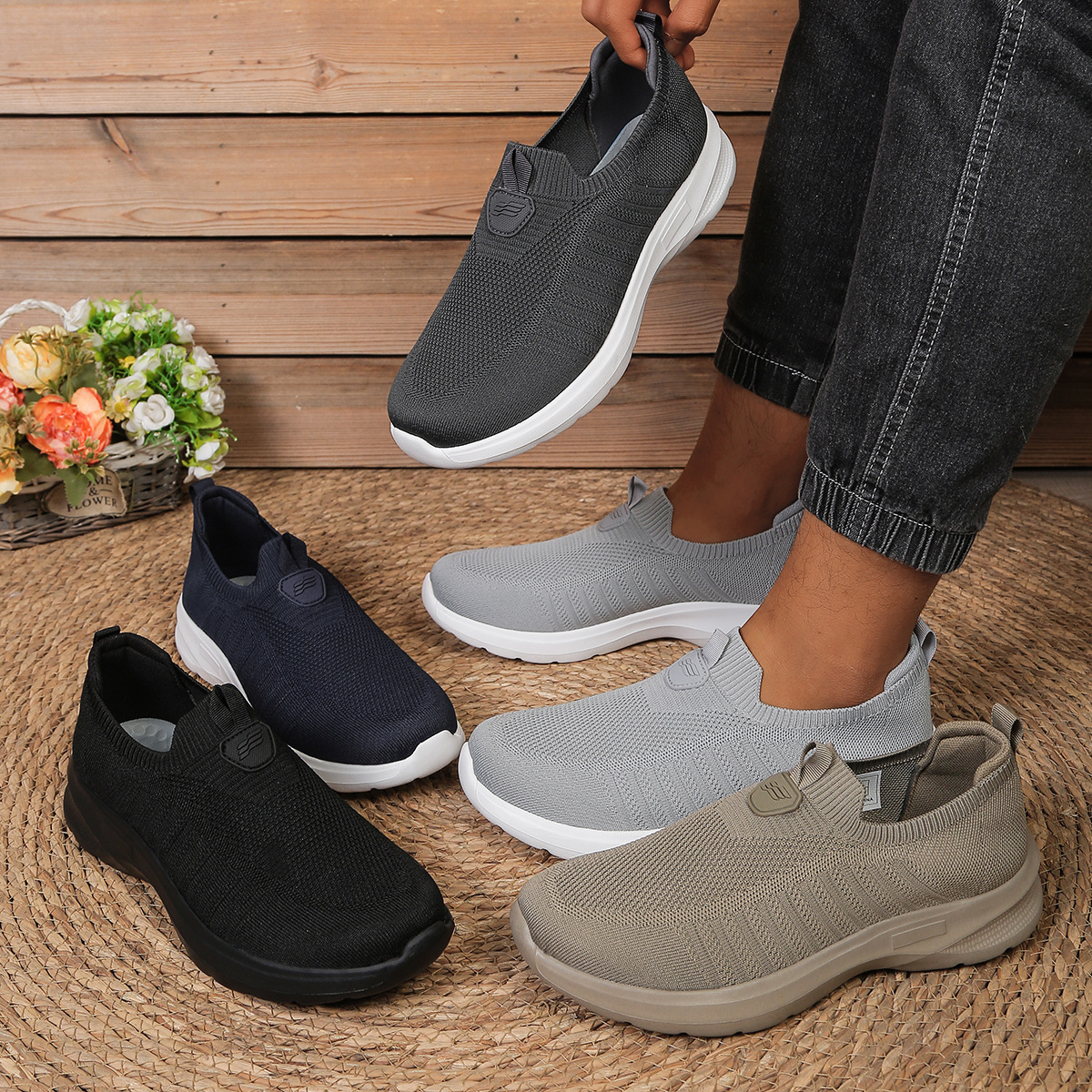Mens Flyknit Slip-On Casual Sports Mesh Walking Shoes