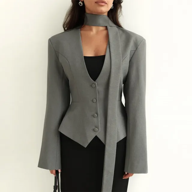 Solid Color And V neck Scarf Decoration Long Sleeve Suit Coat Gray - Shop at LoveMi