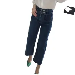 Retro High Waist Wash Double Breasted Pocket Loose Slimming And Wide Leg Denim Trousers For Women - Light Blue - View 1