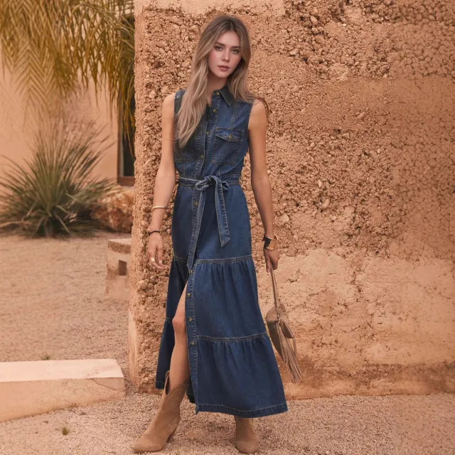 European And American Blue Sleeveless With Waist Lace up Design Imitation Denim Material Dark Blue - Shop at LoveMi