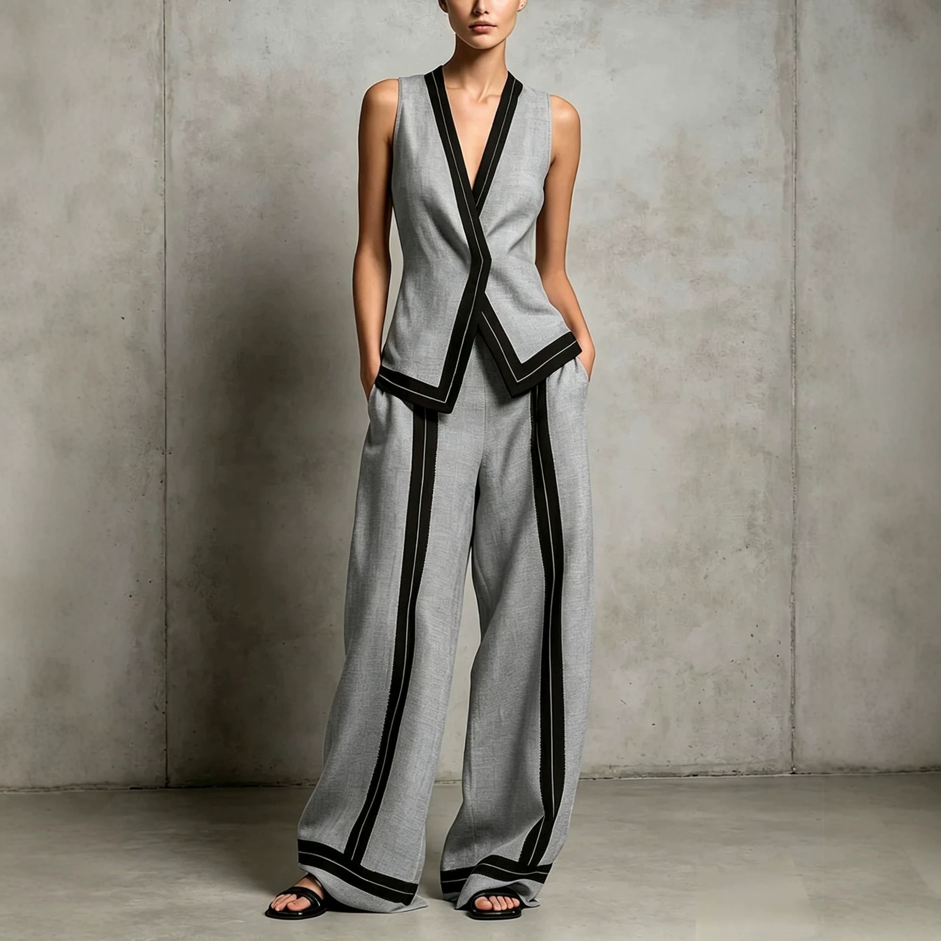 Casual V-neck Tank Top And Wide-leg Straight-leg Pants Set