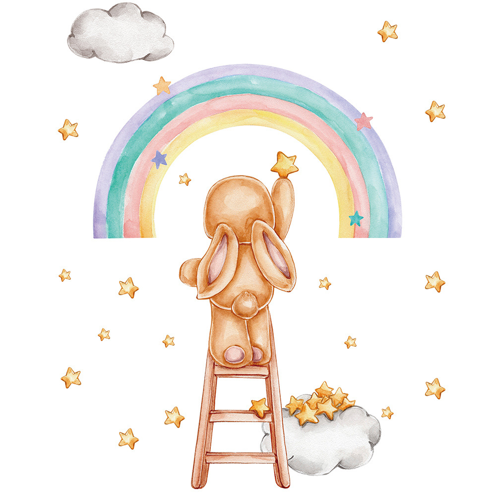 Title 3, Watercolor Rainbow Rabbit Wall Sticker Girl Roo...