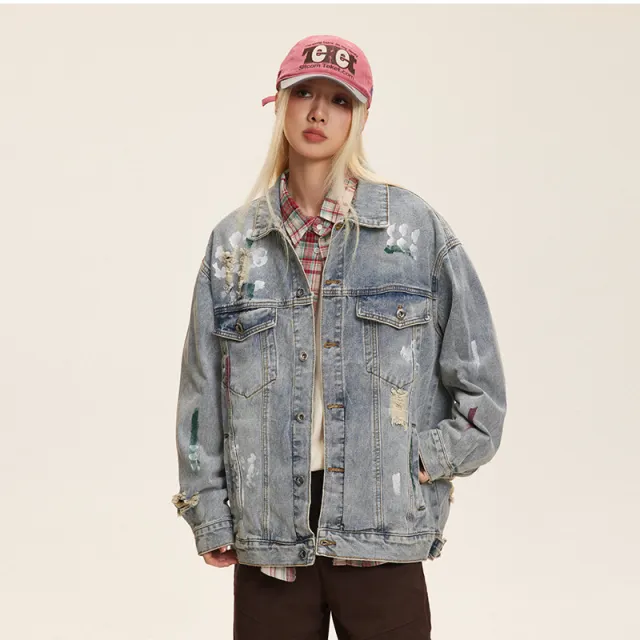 Washed Graffiti Ripped Denim Coat Design Jacket Blue - Shop at LoveMi