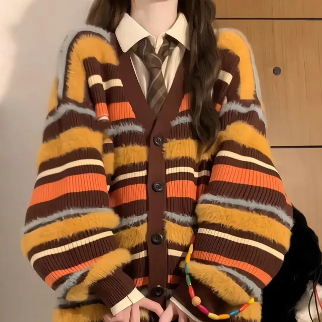 Women's Loose Contrast Color Striped V neck Sweater Cardigan Coat Mixed Color Stripe - Shop at LoveMi