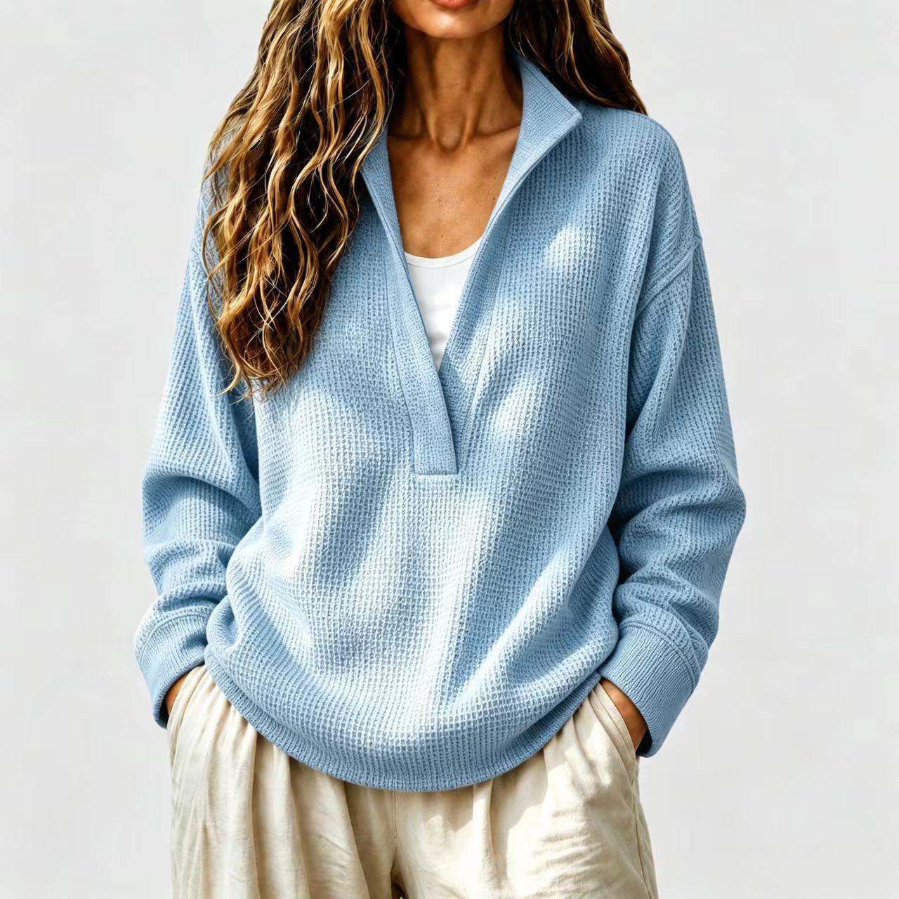 Women's waffle-knit pullover – size and fit reference on model