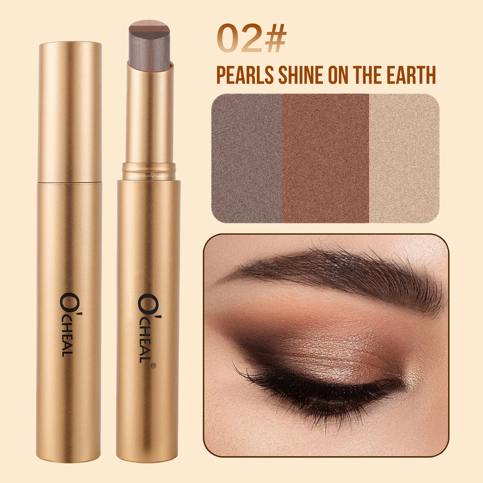 Three Color Eyeshadow Stick With Delicate Pearlescent Gradient Shimmer Powder
