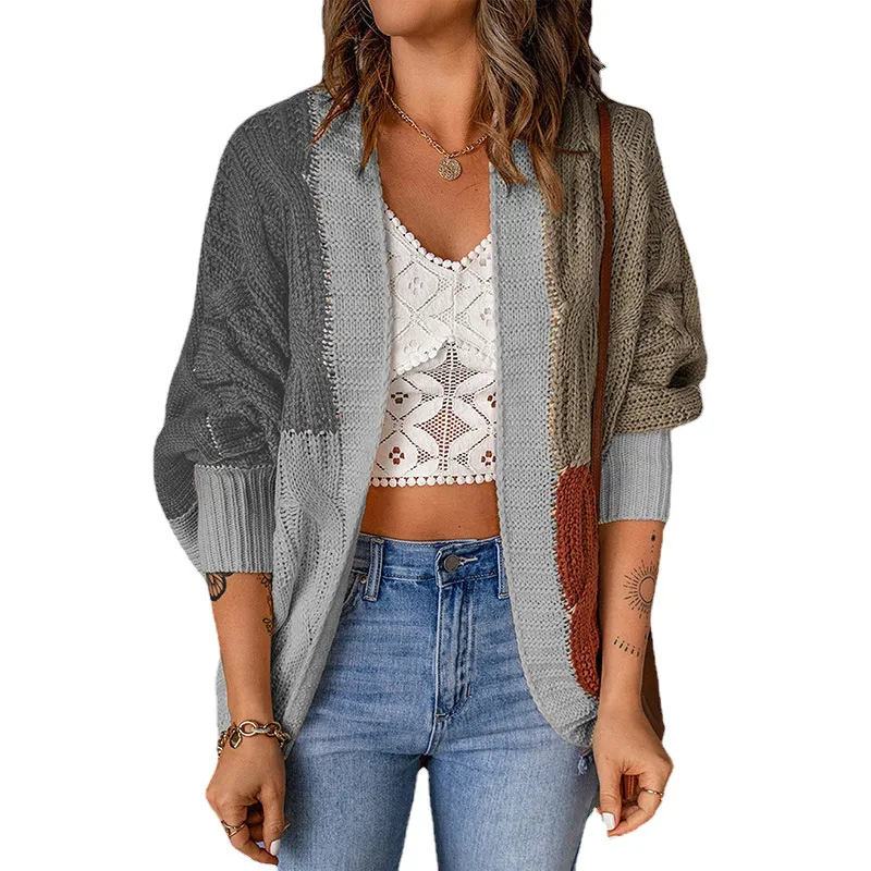Color Stitching Knitted Cardigan Sweater Outside - Dark Gray