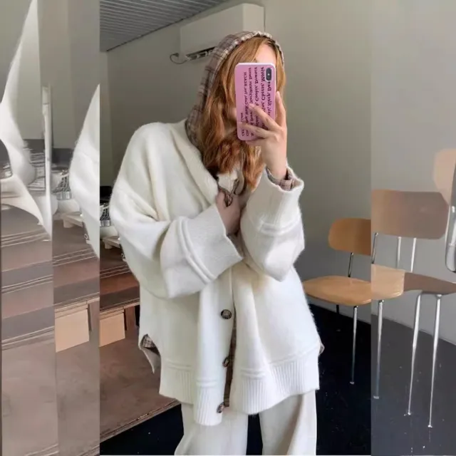 Japanese Lazy Style Round Neck Long Sleeve Sweater Coat Soft Glutinous Knitted Cardigan White - Shop at LoveMi