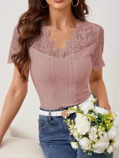 New Fan-shaped Front And Back V-neck Lace Stitching Slim Fit Slimming T-shirt Short Sleeve - Lotus Root Color - View 1