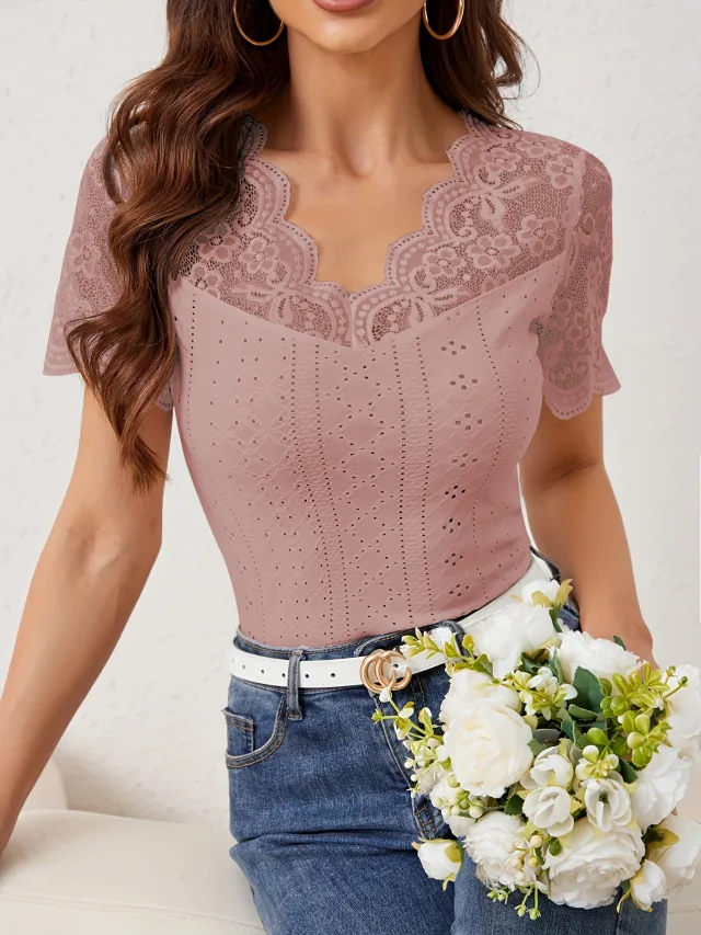 New Fan shaped Front And Back V neck Lace Stitching Slim Fit Slimming T shirt Short Sleeve Lotus Root Color - Shop at LoveMi