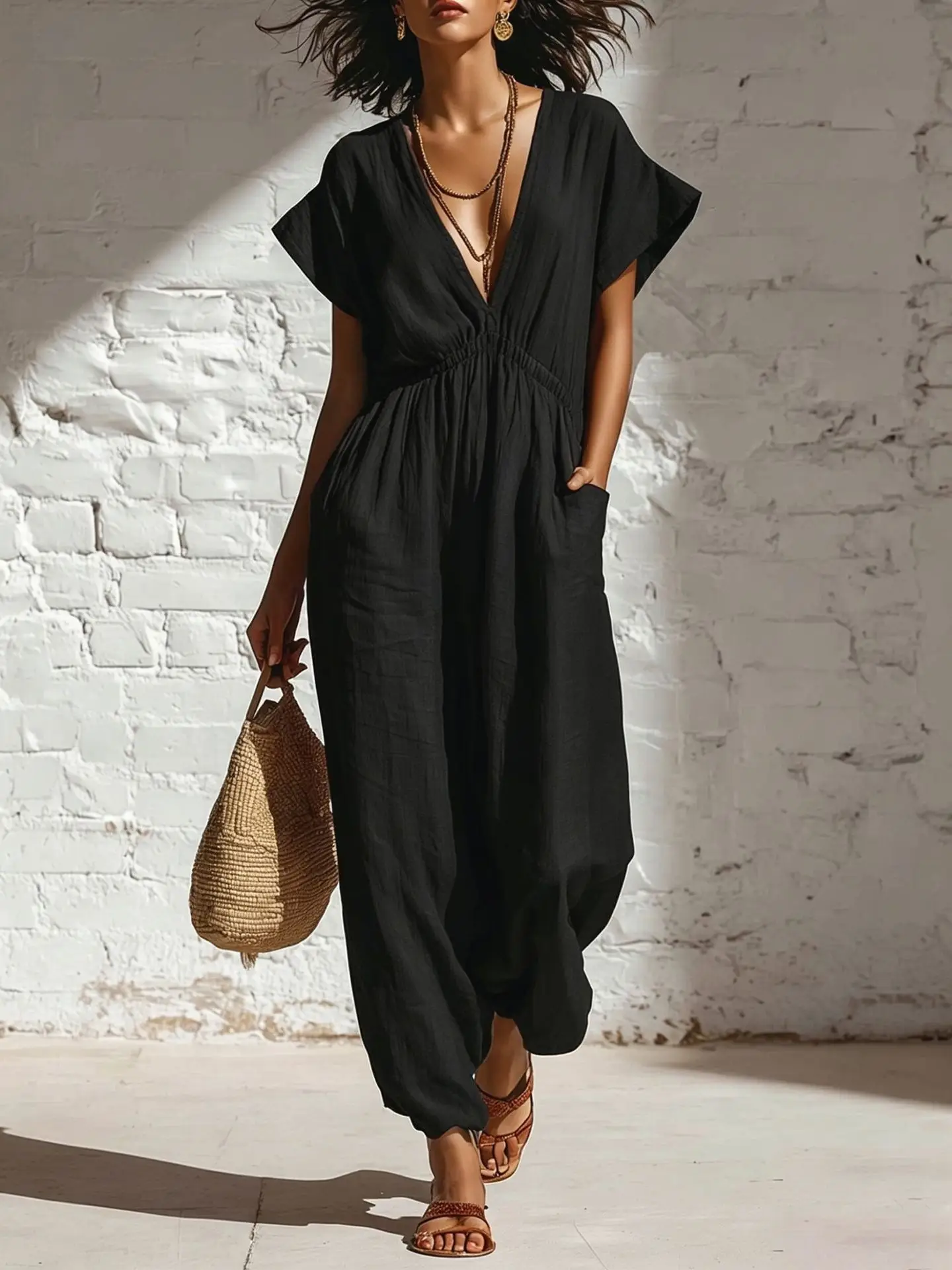 Womens V-neck Relaxed-fit Waist-cinching Jumpsuit