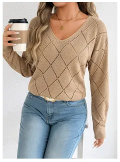 Solid Colour And V-neck Sexy Cutout Plaid Long-sleeved Sweater Sweater - Khaki - View 1