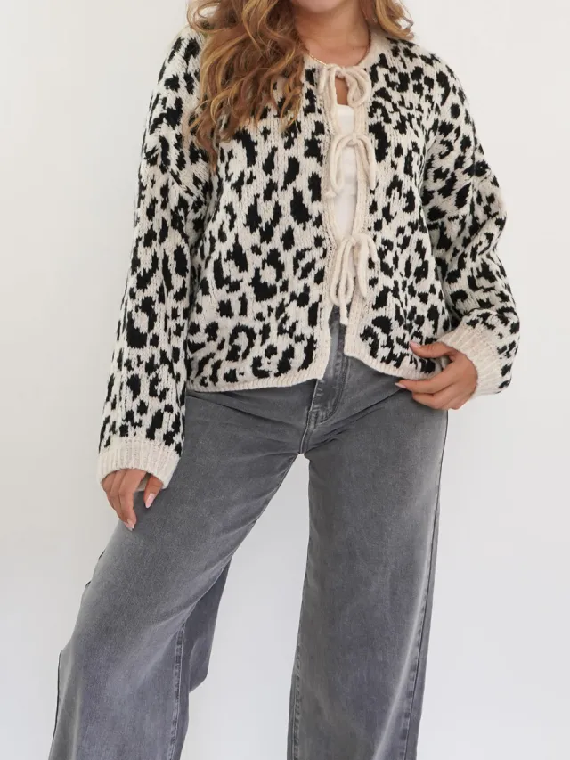 Round Neck Tied Leopard Print Knitted Cardigan Sweater Black - Shop at LoveMi