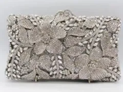 Flower Diamond Banquet Rhinestone Clutch Bridal Wedding Bag - Silver - View 1