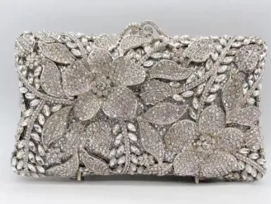 Flower Diamond Banquet Rhinestone Clutch Bridal Wedding Bag - Silver