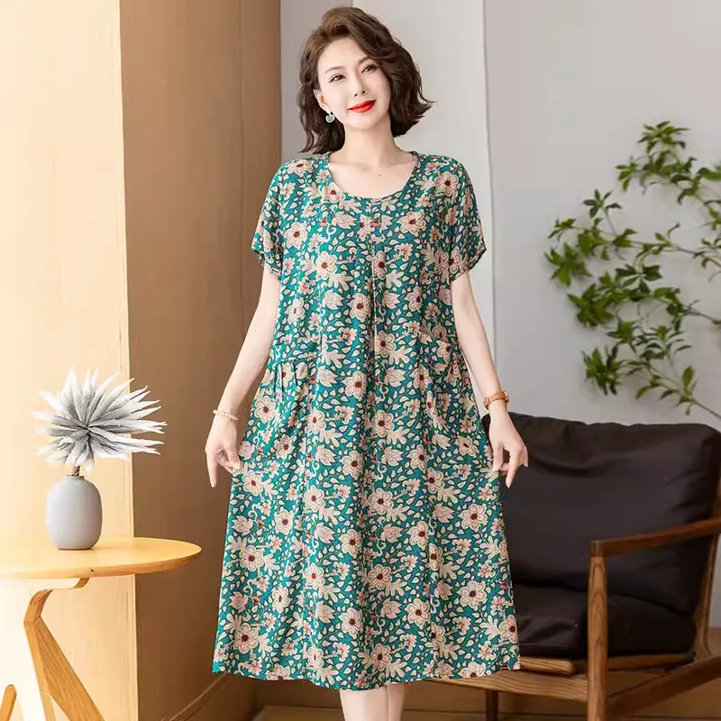 Middle-aged And Elderly Women's Cotton Silk Printing Maxi Dress - No 55