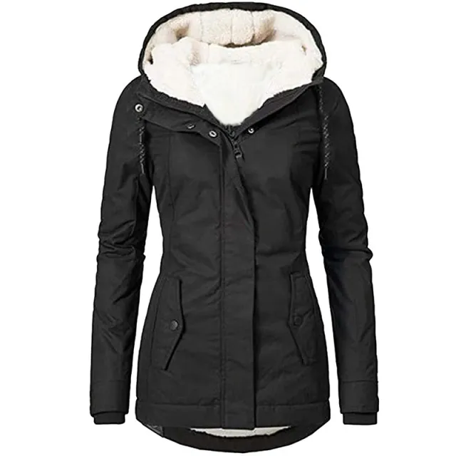 Solid Color Pocket Long sleeve Zipper Fleece Padded Coat Women Black - Shop at LoveMi