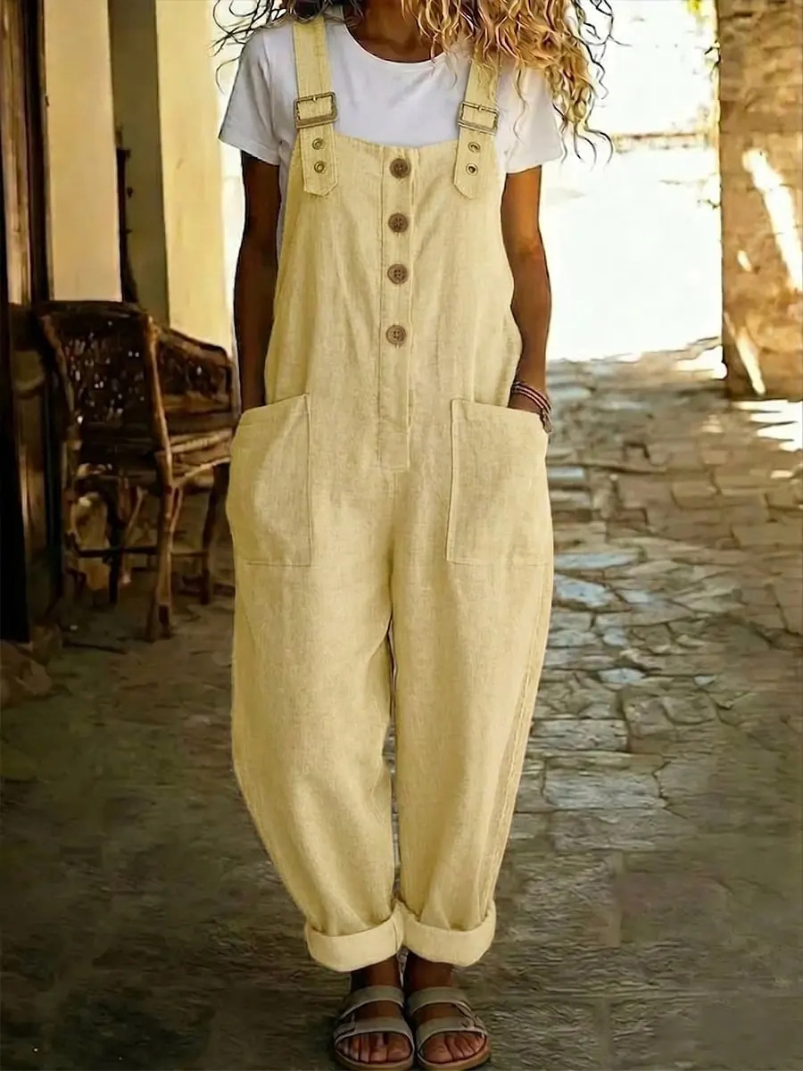 Women's straight-leg overalls in light yellow – vintage high-waist sleeveless suspender