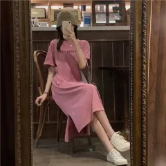 Short-sleeve Casual Loose Dress For Women With Stylish And Versatile Print - Pink - View 1