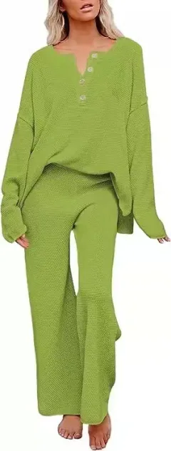 Women's Clothing Solid Color Fashion Loose Leisure Suit Two Pieces - Green - View 1