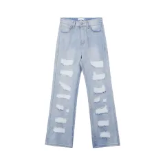 Street Men's Wear Washed Distressed Cat Beard Casual Pants Destroyed Tassel Straight Jeans - Blue - View 1