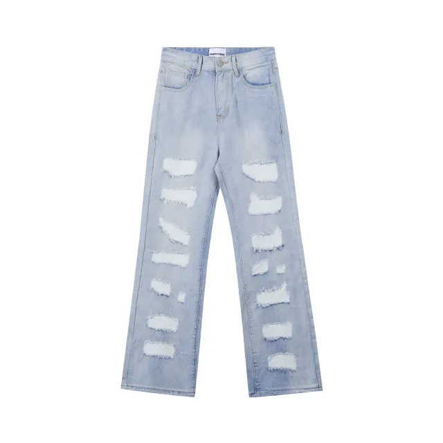 Street Men's Wear Washed Distressed Cat Beard Casual Pants Destroyed Tassel Straight Jeans Blue - Shop at LoveMi
