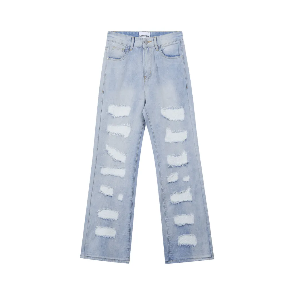 Street Men's Wear Washed Distressed Cat Beard Casual Pants Destroyed Tassel Straight Jeans - Blue