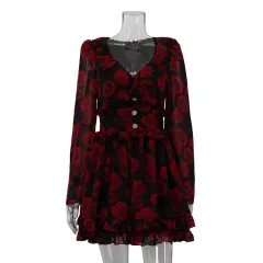 Printed V-neck Long Sleeve Temperament Dress - Red - View 1