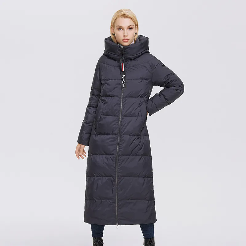 Hooded Stand Collar Coat Extra Long Thermal And Windproof Zipper Cotton-padded Coat - Gray