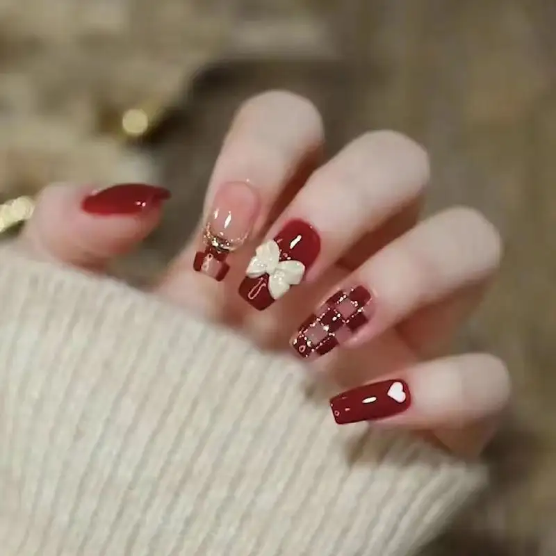 Wearable Nails In Wine-red Checkerboard Pattern