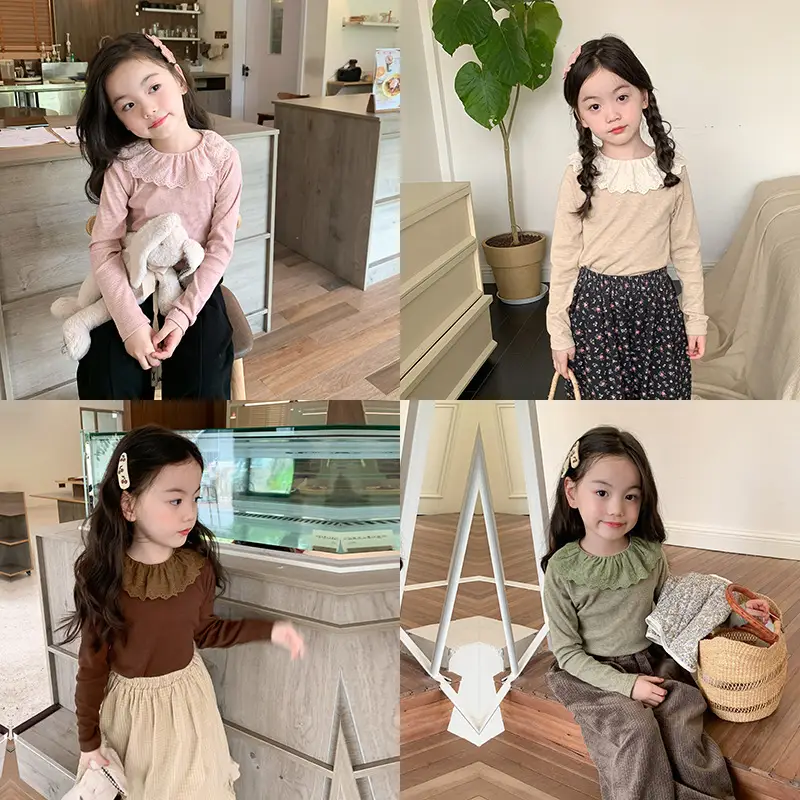 Girls' Soft Cashmere Sunken Stripe Lace Collar Bottoming Shirt