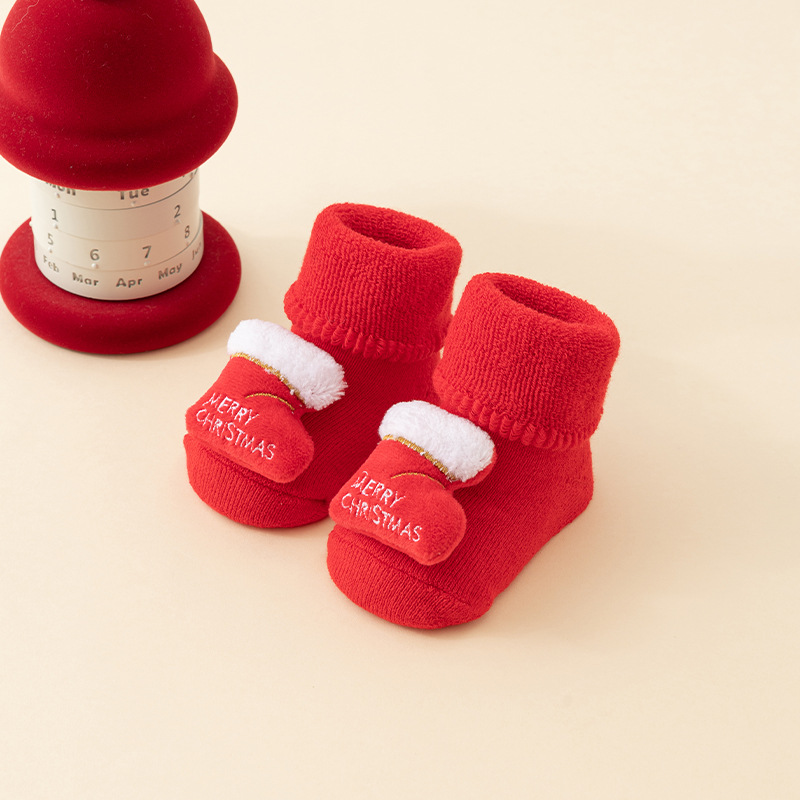 Babys Cozy Fleece-lined Thickened Pure-cotton Red Floor Socks For Fall And Winter