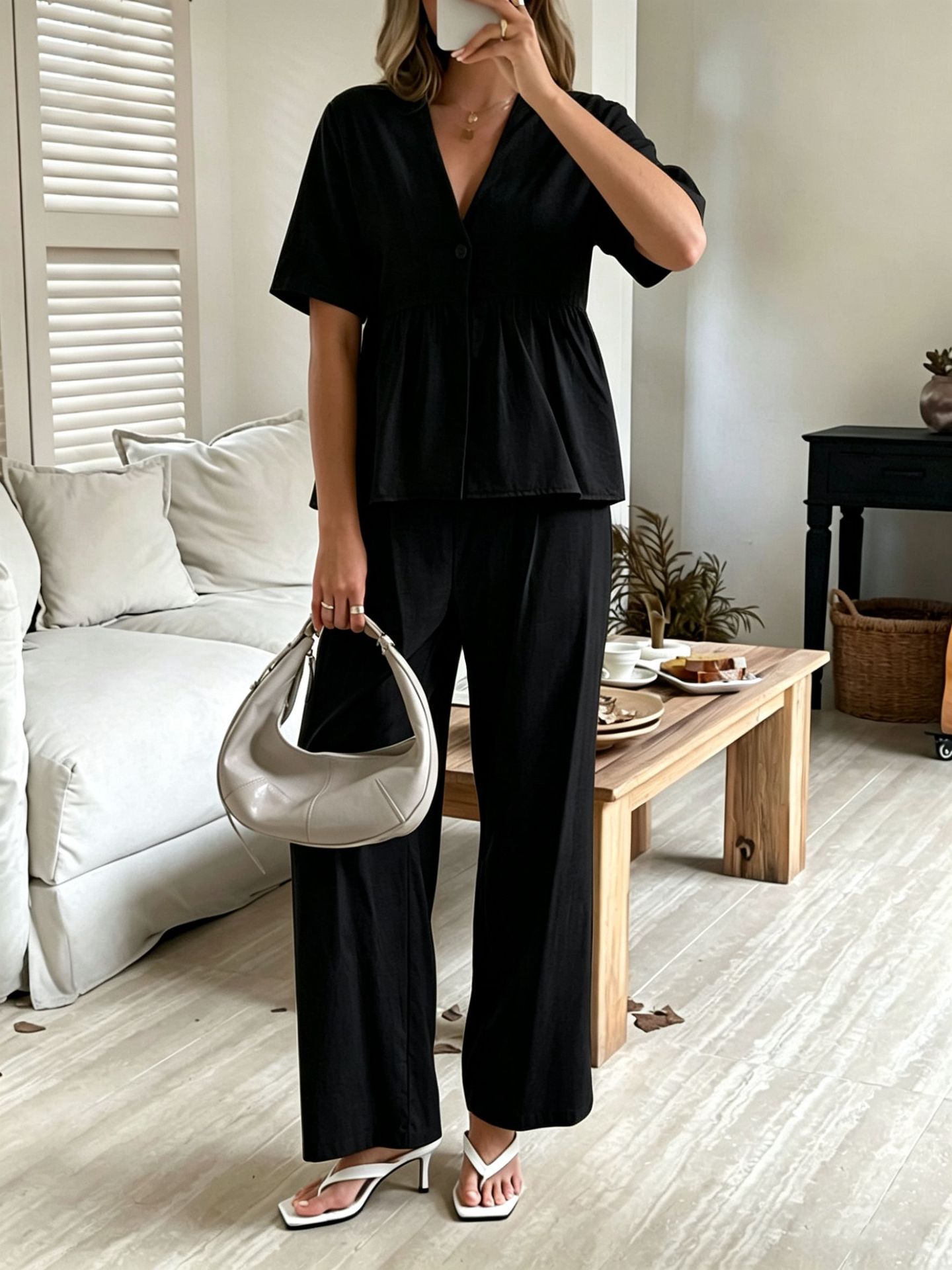 Women's V-Neck Co-ord Set in Black – versatile everyday outfit