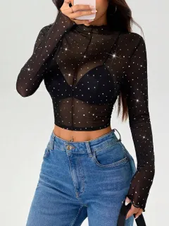 Stand-up Collar Long-sleeved Mesh Transparent Sequined Decorative T-shirt Top - Black - View 1