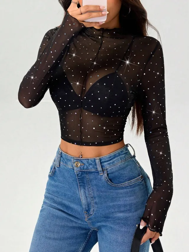 Stand up Collar Long sleeved Mesh Transparent Sequined Decorative T shirt Top Black - Shop at LoveMi