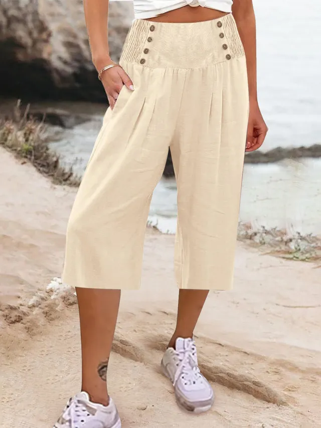 Women's Cotton And Linen Solid Color Buttons Loose Casual Cropped Pants Apricot - Shop at LoveMi