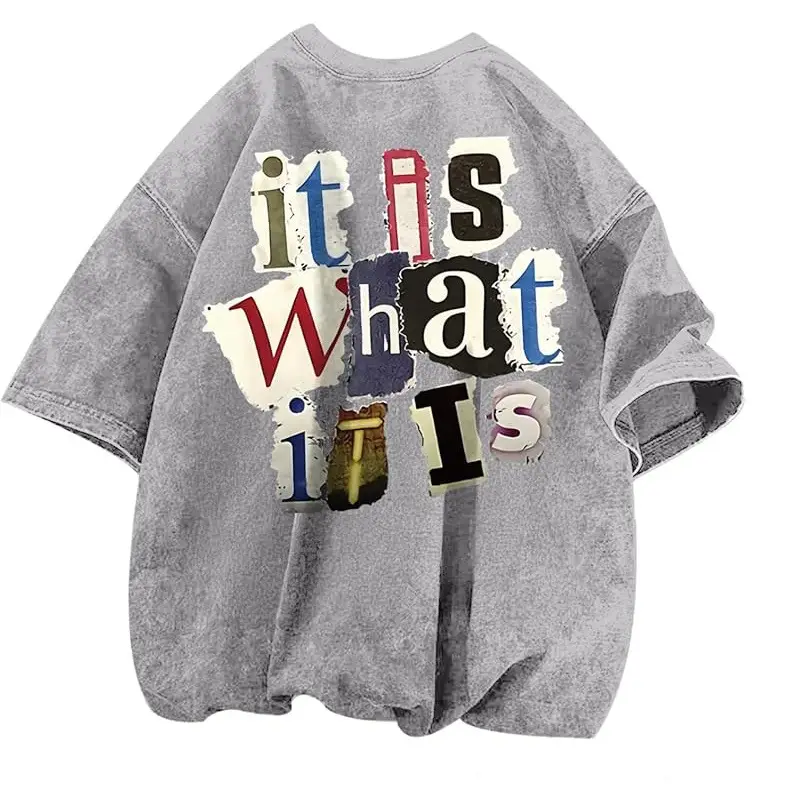 Mens Letter-Print Vintage Oversized T-Shirt