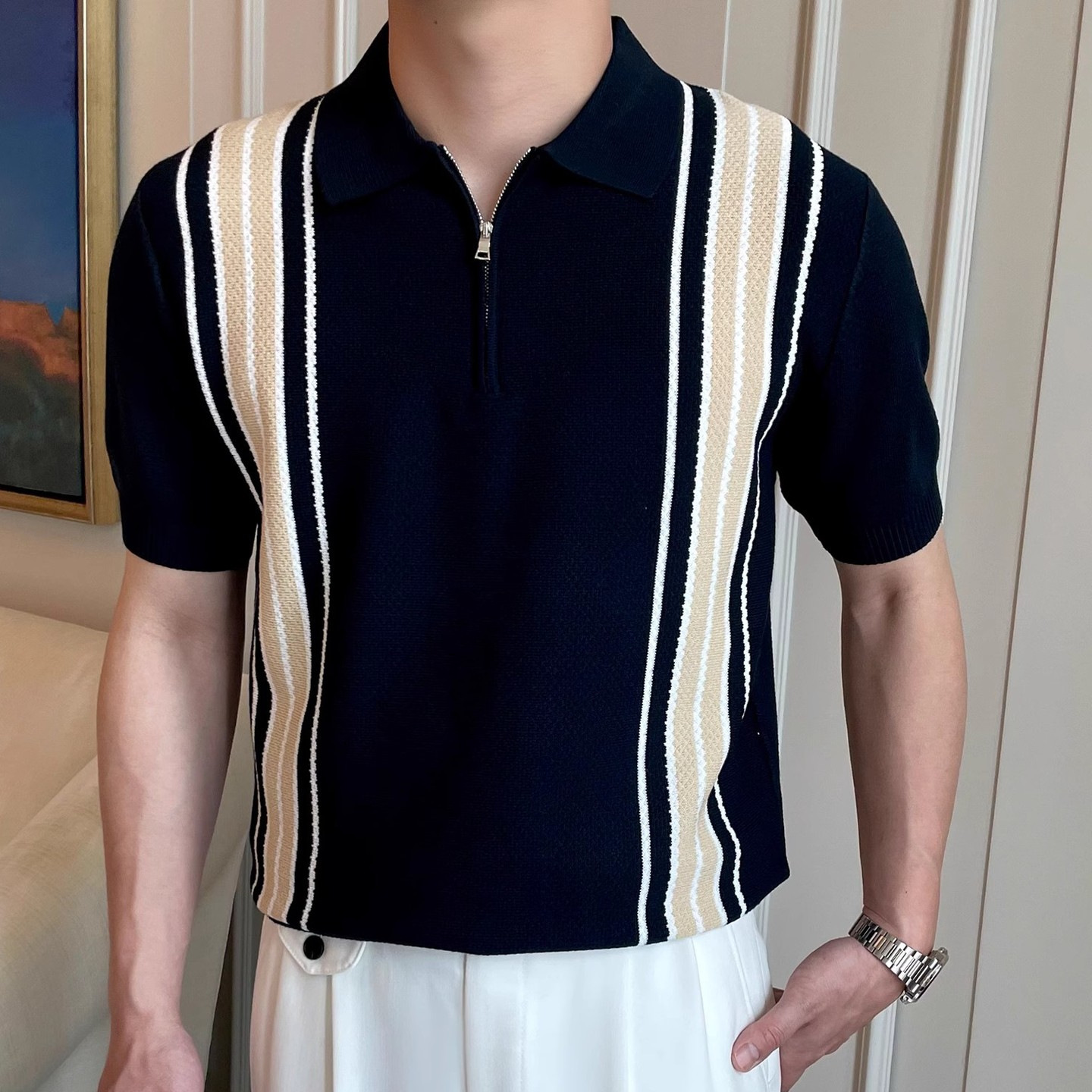 Summer New Mens Retro Color-Block Pineapple-Pattern Jacquard Striped Casual Knitted Polo Shirt